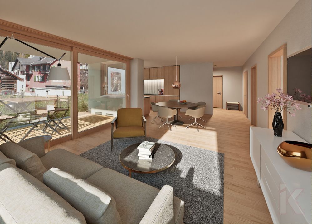Neubau Quadra Andeer- 4.5 Zi- Gartenwohnung ERSTBEZUG - Visualierung künftiges Wohnzimmer
