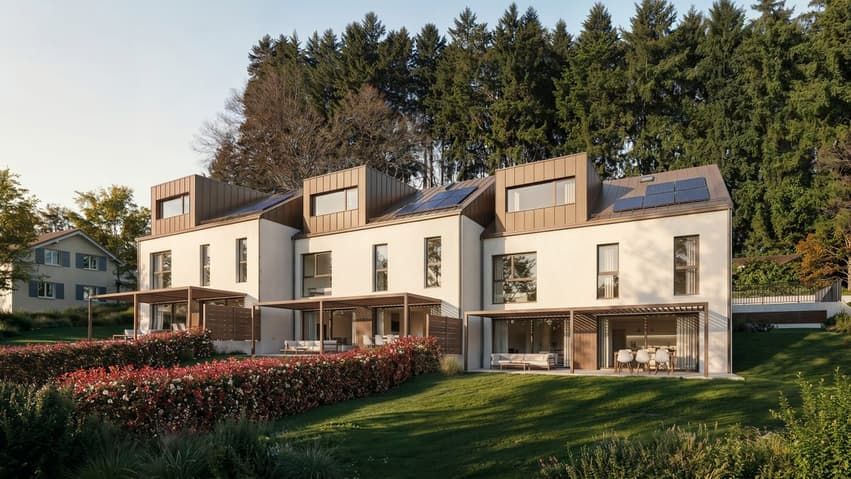 Jolie villa contigüe à construire (villa C) - Vue des 3 unités avec terrasses option "couvert"