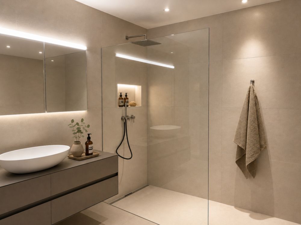 2-Etagen Terrassenhaus mit 2 Terrassen und 1 Sitzplatz - Im Projekt realisierte Dusche, möbliert mit KI