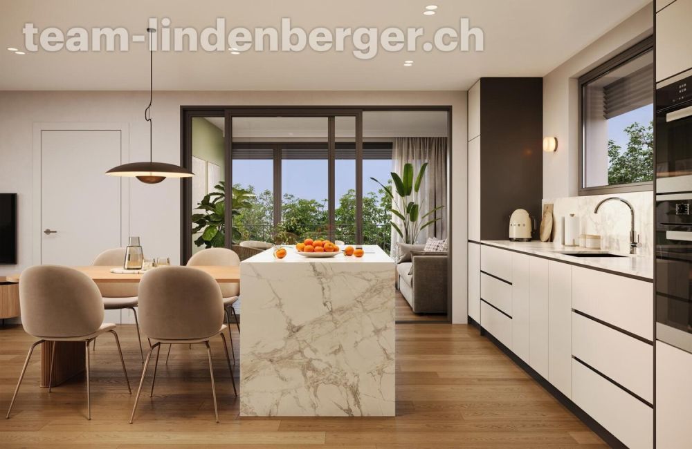 3½ Zi.-Gartenwohnung (W2) - nur noch drei Wohnungen verfügbar! - Moderne Küche mit Kochinsel (im Hintergrund Wintergarten)