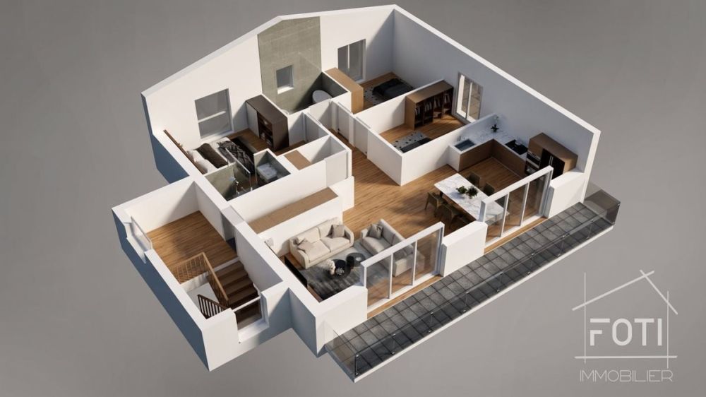 Attique neuf avec jardin privatif de 382 m² avec vue sur les montagnes - Plan d'étage en 3 dimensions