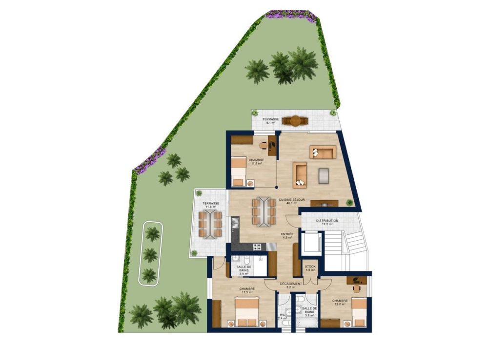 ERABLE 11  Nouvelle PPE de standing  Rez-jardin 4,5 pces  108,8 m²  jardin 138,7 m² + 2 terrasses - Plans 2d
