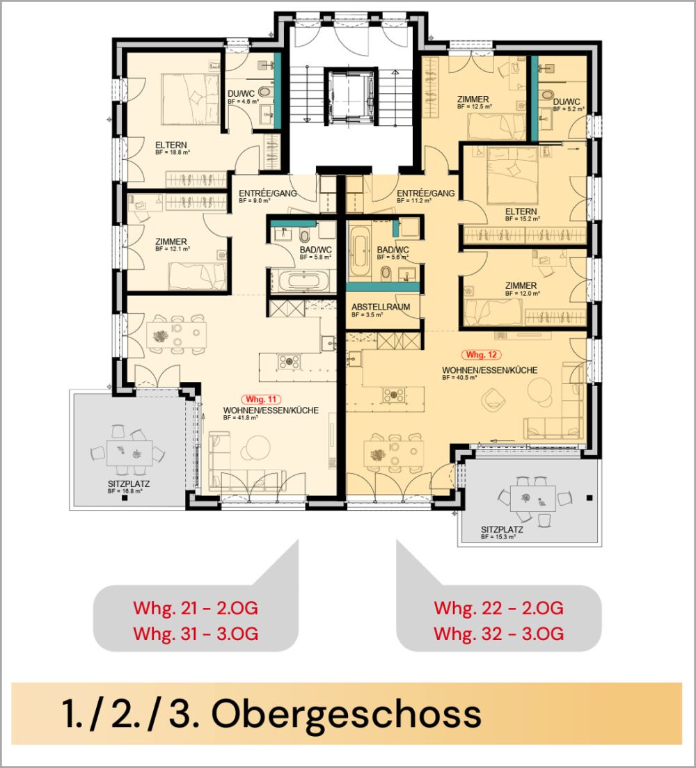 BIENENPARK - Exklusive 3.5 Zimmer-Eigentumswohnungen ab CHF 698'000.00 - Bienenpark Grundriss Obergeschoss
