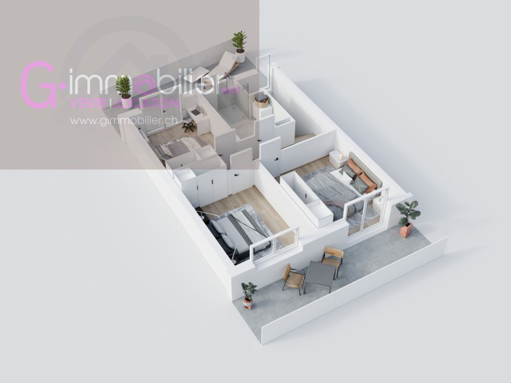 Projet unique sur les hauteurs de Monthey, dans un quartier de villas - / 3d floor plan of an apartment or house with all the furniture