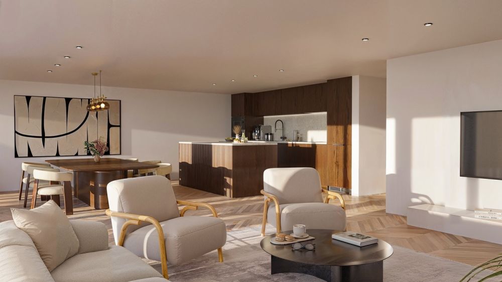 Neubau Attika-Maisonette am Heidenweg - Contemporary interior, neutral palette, wooden flooring, seating area with armchairs, round coffee table, kitchen with island, dining table with chairs, mounted flat screen TV