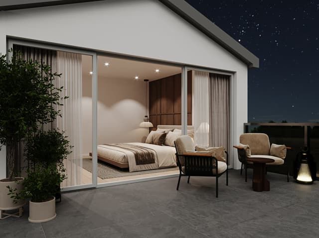 Magnifique maison individuelle à Courfaivre JU - Spacious bedroom with large windows, sliding glass doors leading to a balcony or terrace, wooden accent wall, plush bedding, and comfortable seating area. The night sky is visible through the windows,