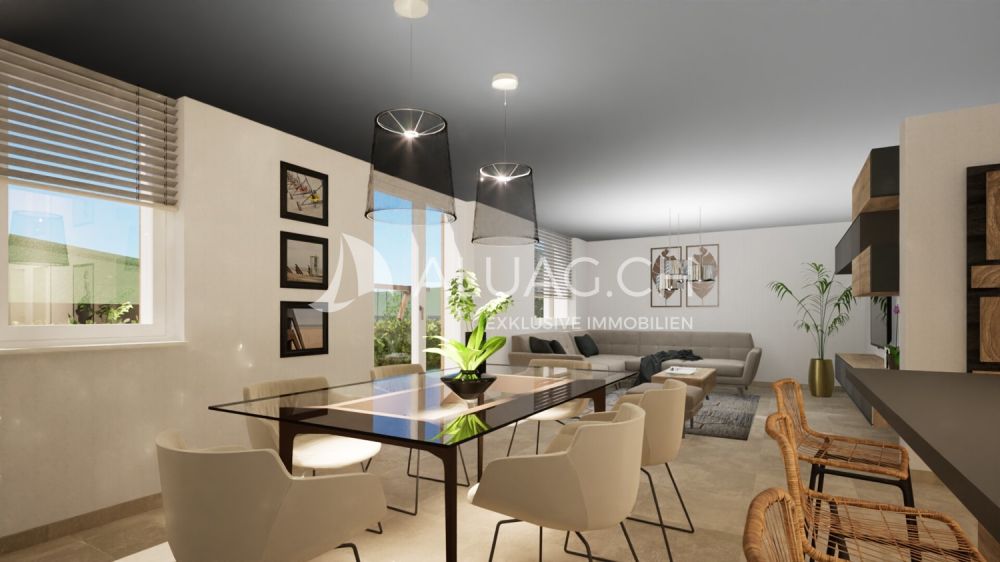 4.5 ZIMMER ERDGESCHOSSWOHNUNG - Dieser helle Wohnbereich bietet Zugang zur grossen Terrasse, die den ganzen Tag Sonnenlicht geniesst