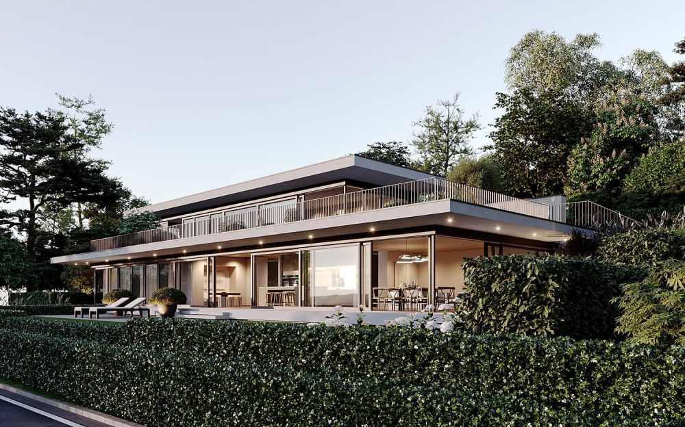 Neubauvilla mit Pool und Blick nahe Zürich. - Visualisierung Projekt - Frontansicht rechts
