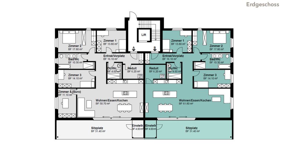 5.5 Zim.-Wohnung (A) im EG, mit 143m² Netto-Wohnfläche - Grundriss