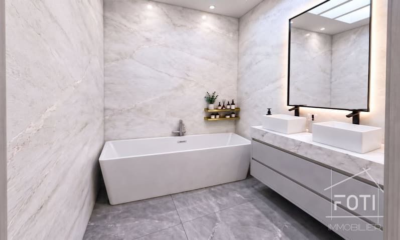 Villa NEUVE 4,5 p. de 131 m² - jardin, terrasse 39 m² et vue Dents-du-Midi - Mur - Salle d'eau - image de synthèse