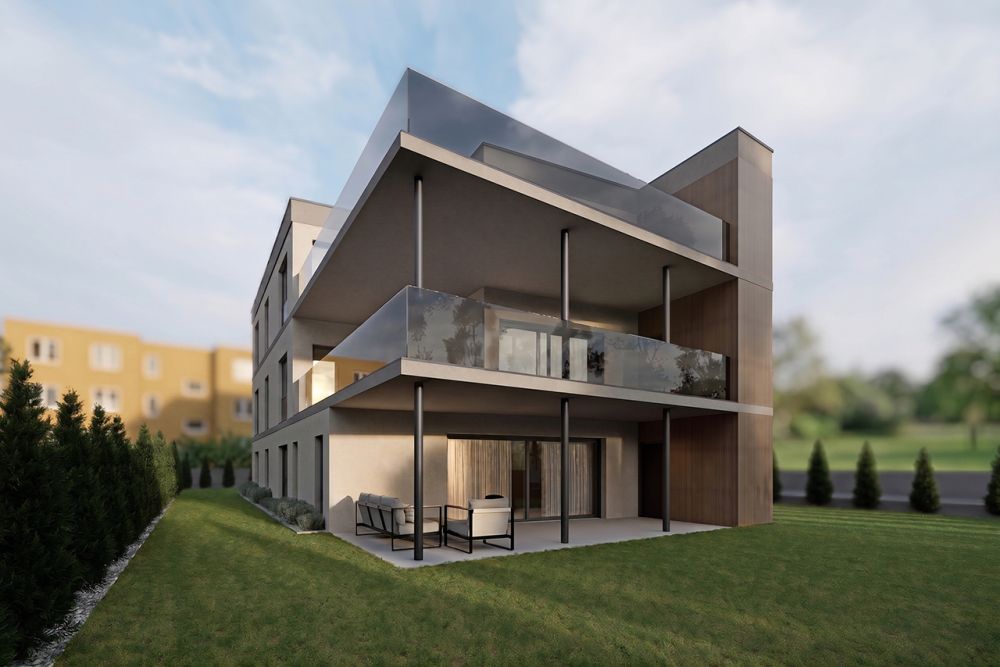 Neubau: Gartenwohnung viel Grünfläche und modernem Wohnkomfort - Ansicht mit Garten