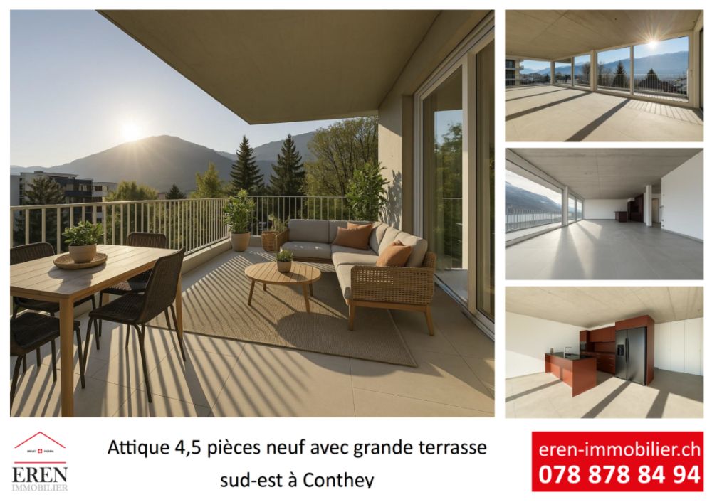 Magnifique attique 4.5 pièces neuf avec grande terrasse panoramique à Conthey lumineux et moderne - Attique 4,5 pièces neuf à vendre à Conthey