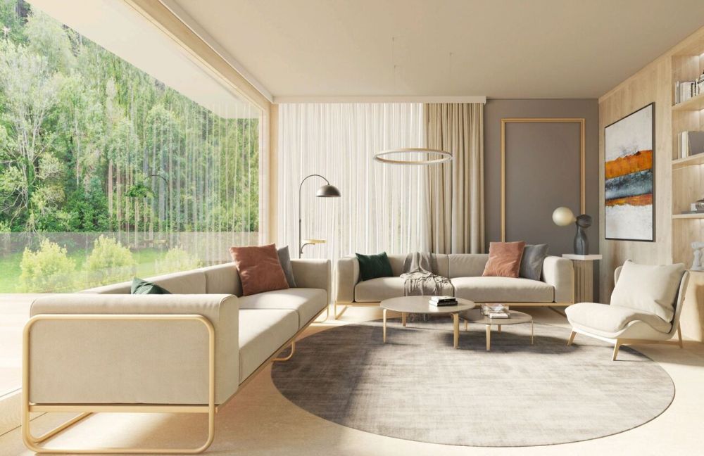 Neubauprojekt Alte Strasse mit zwei Doppeleinfamilienhäusern (Haus B) - Visualisierung Wohnzimmer (echte Aussicht)