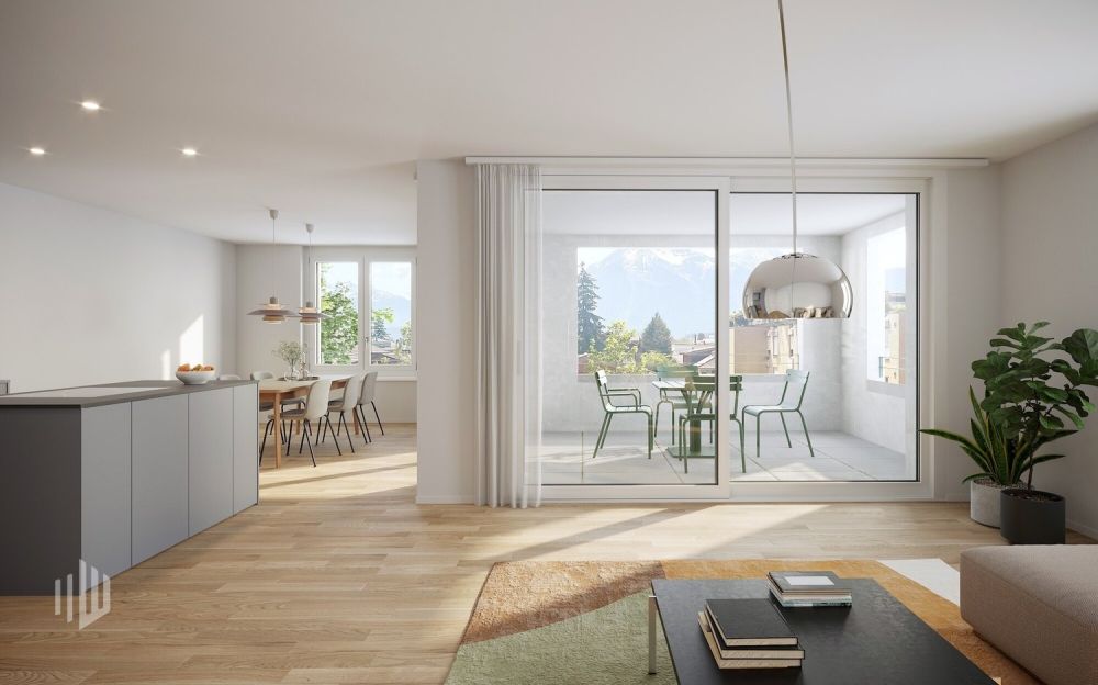 ImmoWyss -  Stilvoll wohnen in den Neubauwohnungen im Seefeld von Thun - Heller Wohnbereich mit Loggia
