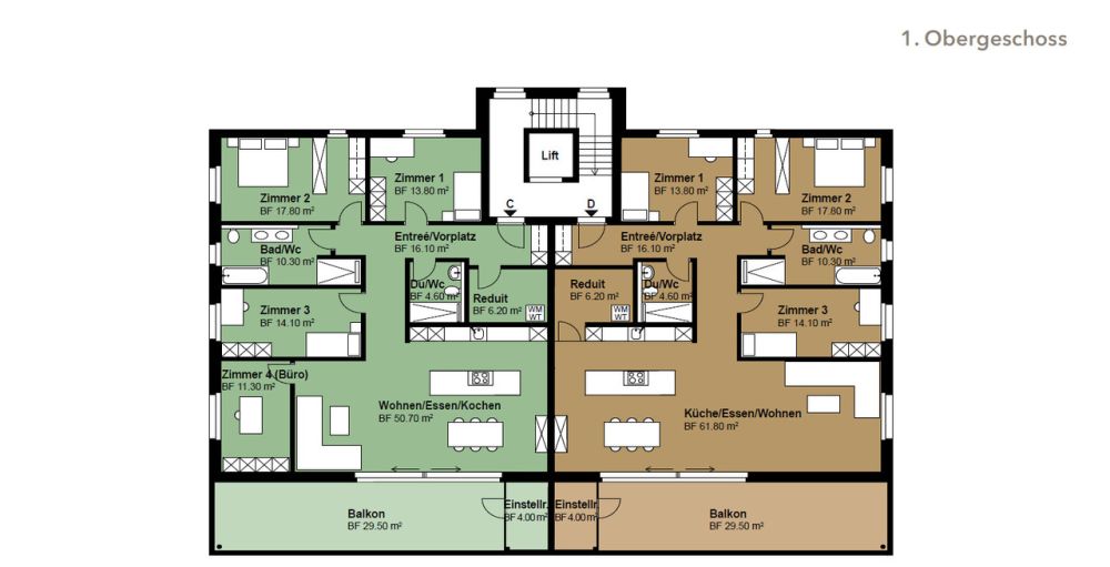 4.5 Zimmer-Wohnung (D) im 1.OG, mit 144 m2 Netto-Wohnfläche und 29.5m2 Balkon - Grundrisse