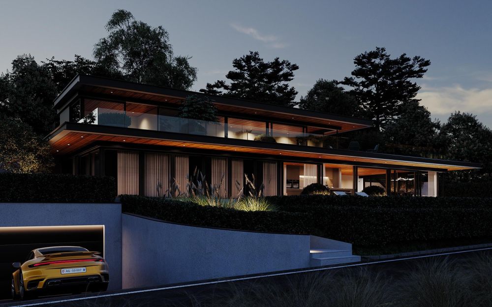 Neubauvilla mit Pool und Blick nahe Zürich. - Visualisierung Projekt - Frontansicht links Dämmerung