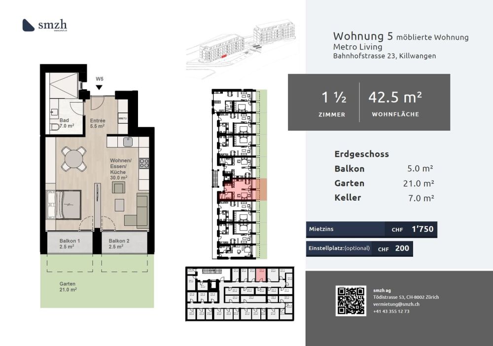 1.5-Zimmer-Gartenwohnung, Minergie, direkt am Bahnhof Killwangen -  Bild 2