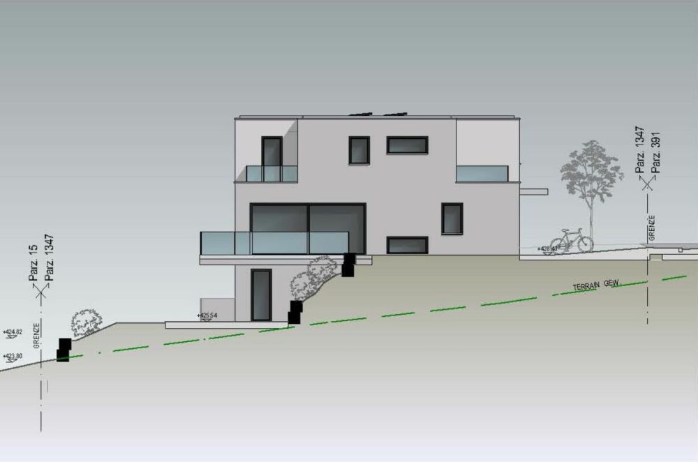 Modernes Eigenheim mit Panorama-Weitsicht ins Grüne und die umliegende Berglandschaft. - Nordfassade
