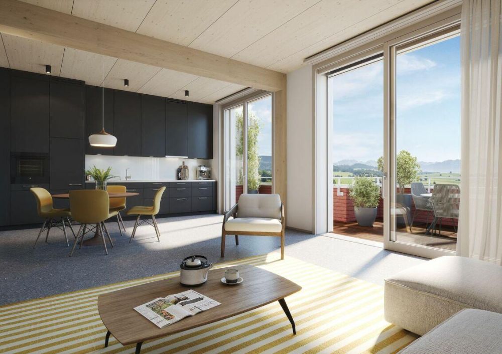 Über den Dächern von Worb - Attika mit Panorama-Blick - Visualisierung Küche, Wohnen, Terrasse