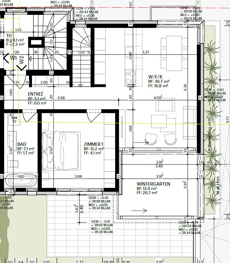 Neubauprojekt Cube: Exklusive Eigentumswohnung - Grundriss Erdgeschosswohnung W2