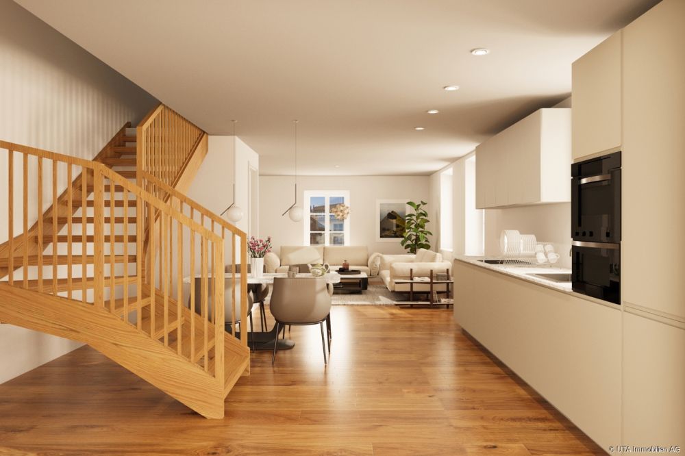 Pintenwirtschaft - neue 3.5-Zimmer-Maisonettewohnung in geschichtsträc - Küche und Wohnzimmer