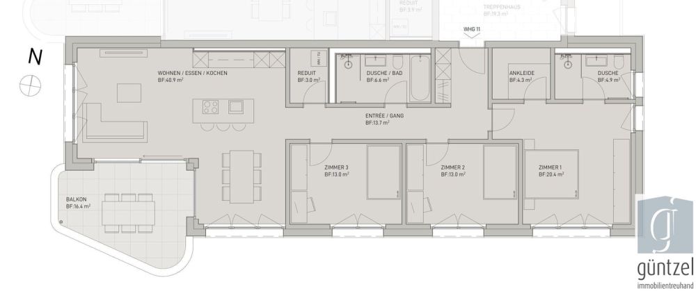 Durchdacht geplant - zeitlos gebaut - Grundriss 4.5-Zimmerwohnung 1. + 2. OG links
