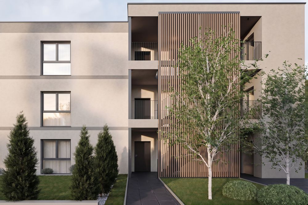 Neubau: Gartenwohnung viel Grünfläche und modernem Wohnkomfort - Ansicht Eingangsseite