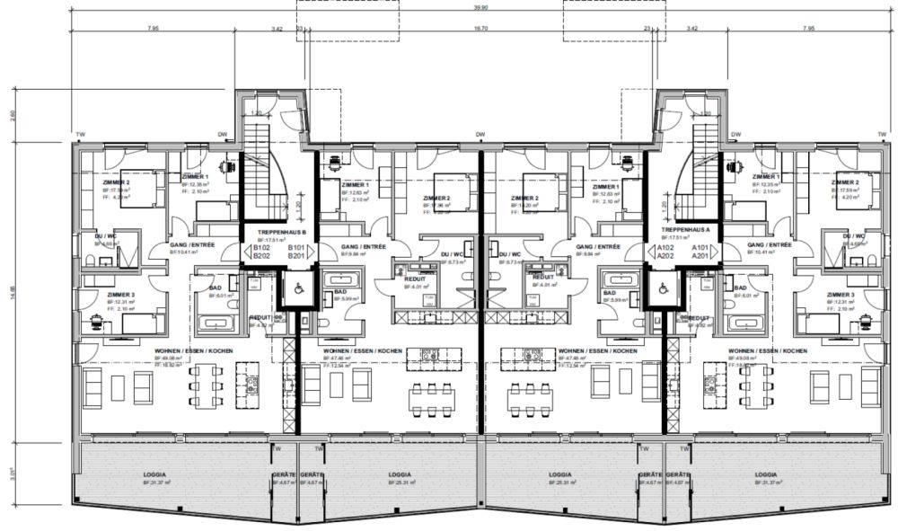 einzigartige 3.5 Zimmer Neubau-Etagenwohnungen mit hohem Qualitäts- und Ausbaustandart - Grundriss 1. Obergeschoss / 2. Obergeschoss