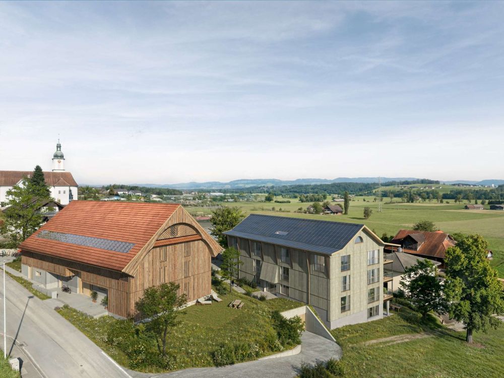 "Villigerscheune" 6.5 Zimmer Reihenmittelhaus - Süd - Neubauprojekt Villigerscheune - Luftbild (Visualisierung)