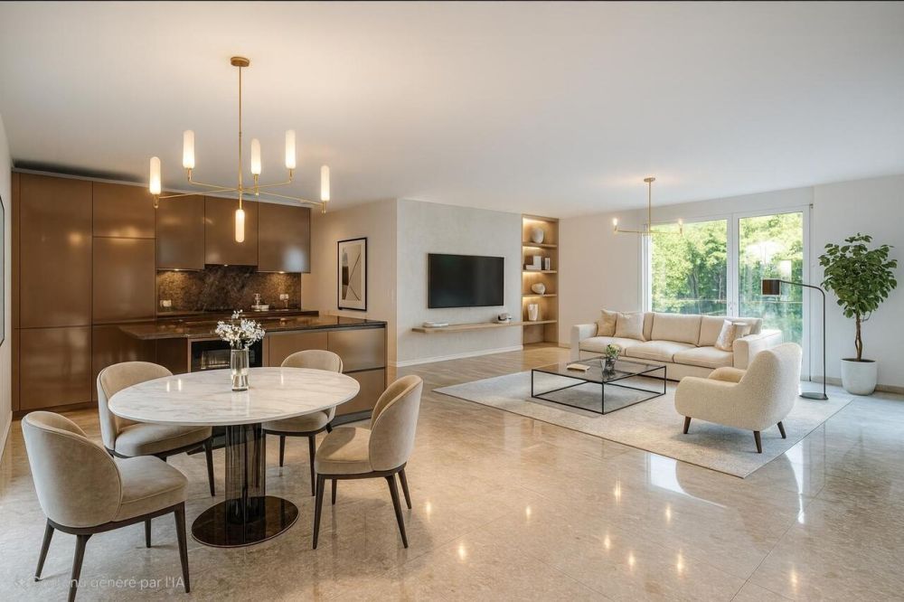 Appartement d'exception entre nature et élégance contemporaine - Proposition d'aménagement du séjour avec division de l'espace pour la création d'une chambre