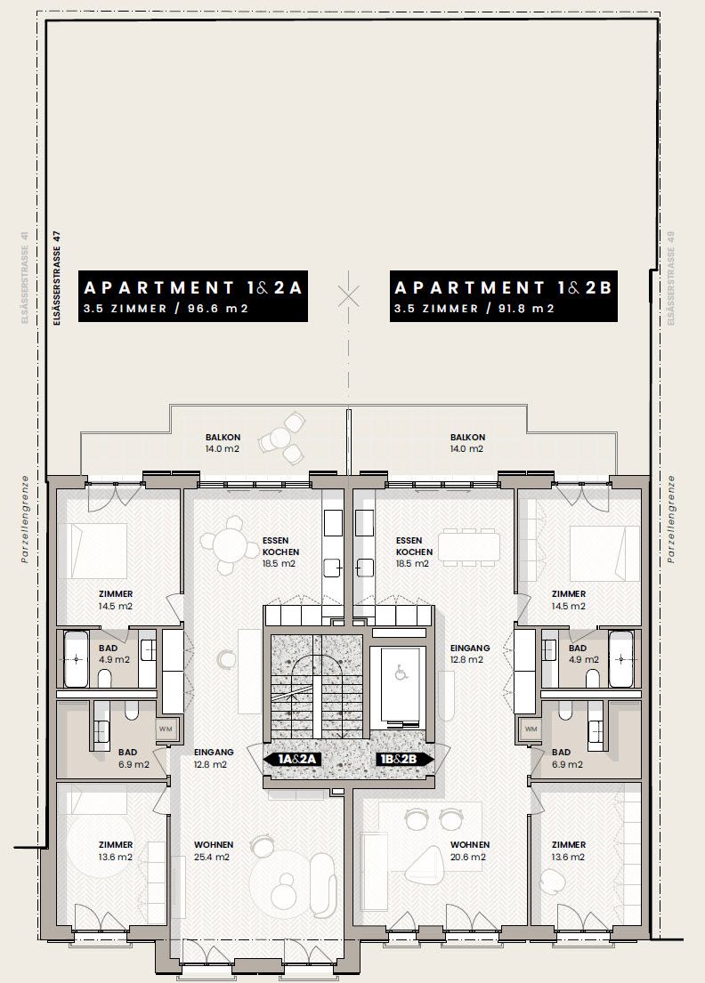 8 exklusive 3.5-Zimmer-Neubauwohnungen  urban wohnen in Basel - Grundriss 1.OG & 2 OG