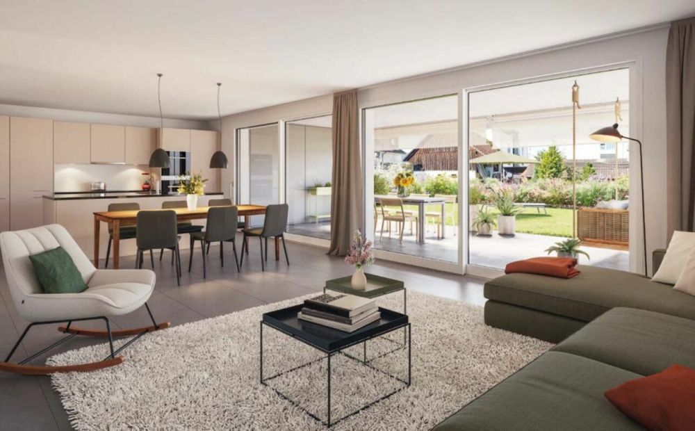 119 m² - 3.5-Zi.-Gartenwohnung - Sitzplatz 21 m² - Gartenanteil 39 m² - Visualisierungen