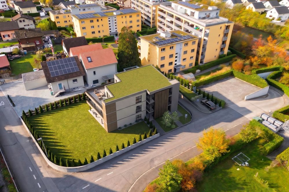 Neubau: Gartenwohnung viel Grünfläche und modernem Wohnkomfort - Luftbild