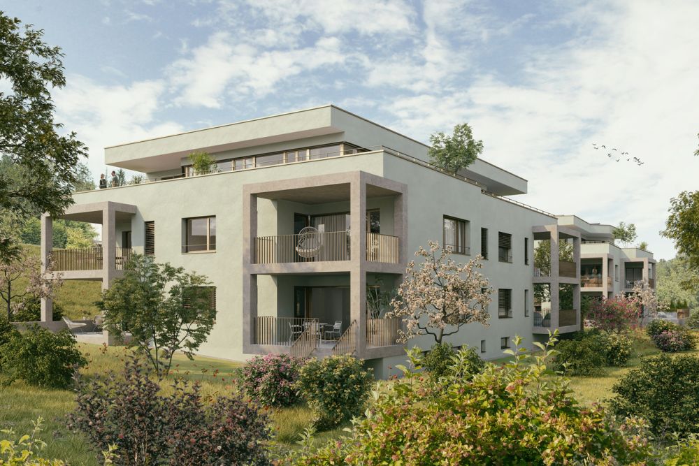 Schöner wohnen in Münchenstein.  Nachhaltig und energieeffizient - Aussenansicht im Looggarten Münchenstein