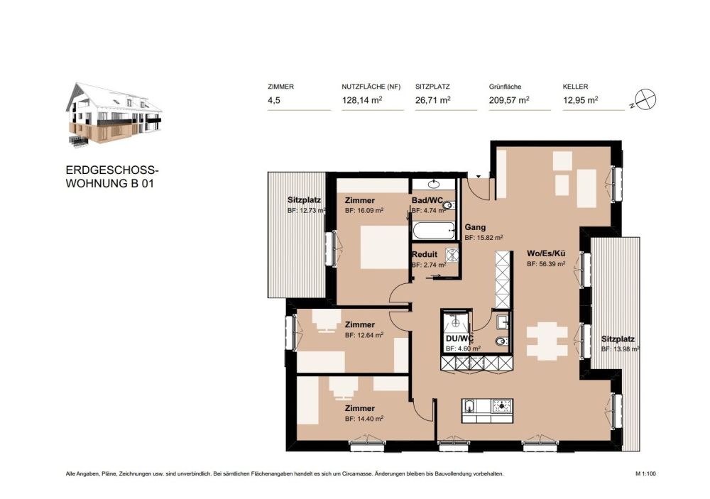 Grosszügige 4.5-Zimmer-Erdgeschosswohnung mit Sitzplatz und Garten - Grundriss