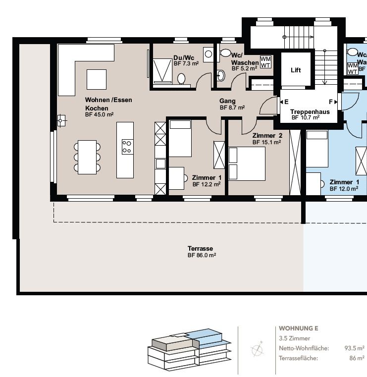 3.5 Z.-Attika-Wohnung (E), 93m2 Netto Wohnfläche, 86m2 Terrasse - Grundriss