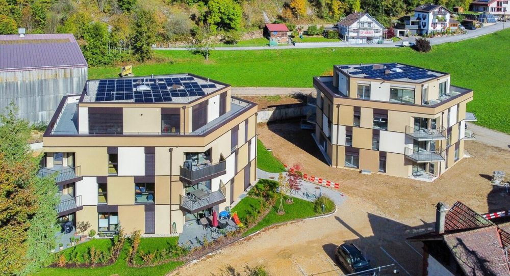 Appt PPE neuf de 4.5 pces avec balcon Campagne Pernod, lot A6 - Vue aérienne sur les bâtiments A et B