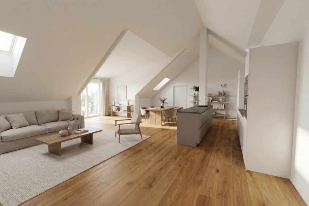 Dachwohnung  mit Loftgefühl und Weitblick Richtung See! - Visualisierung Wohn- und Essbereich