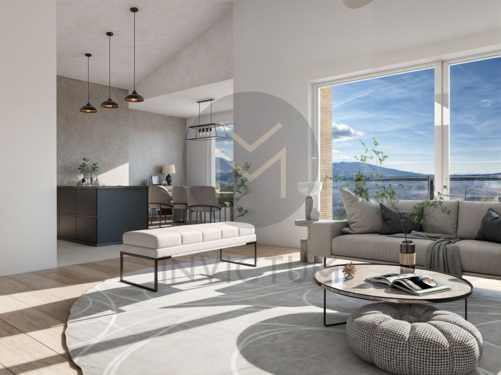 PRÄCHTIGES NEUES APARTMENT MIT SEEBLICK UND BERGSICHT IN BOTTERENS - Un séjour spacieux avec cuisine ouverte et espace repas