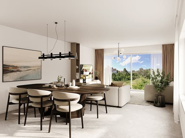 Magnifique maison individuelle à Courfaivre JU - Spacious open-plan living and dining area with large windows offering a scenic view of the surrounding landscape. The dining table is made of dark wood and surrounded by comfortable upholstered chairs