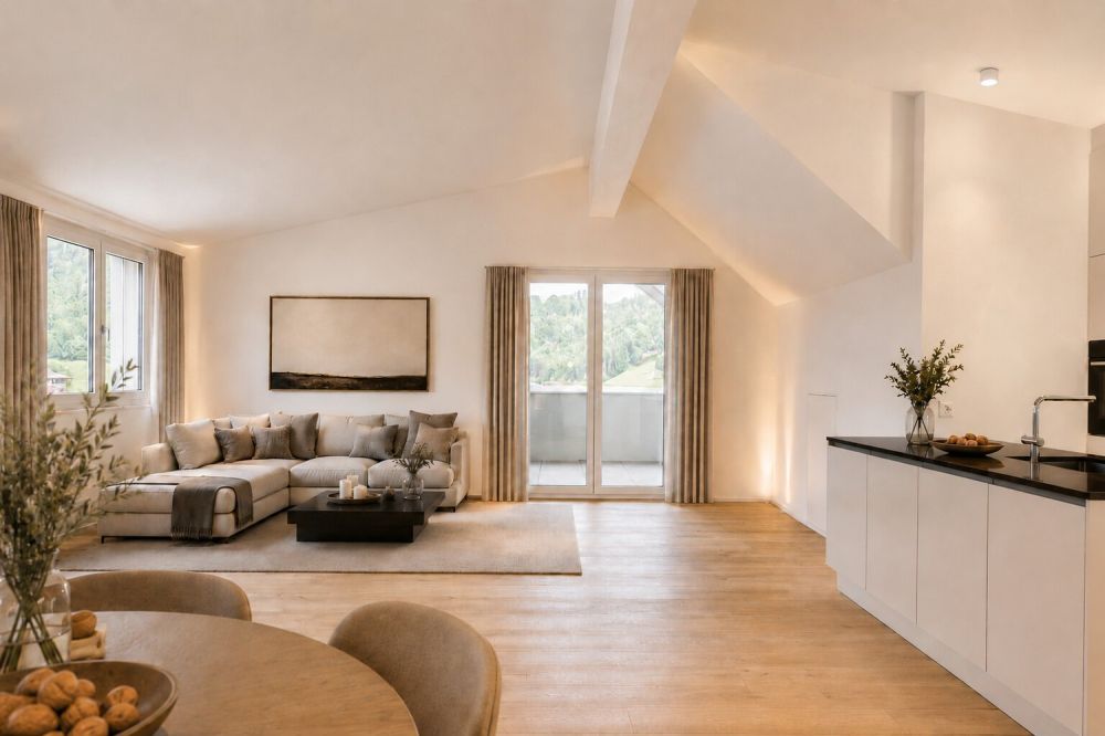 Grosszügige Neubau-Dachwohnung mit Weitblick und Natur - Wohn- und Essbereich | Variante möbeliert