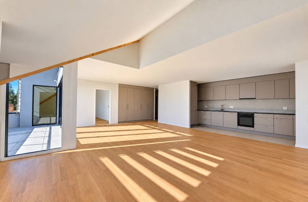 Élégant duplex neuf avec vue sur le clocher - Séjour avec cuisine ouverte