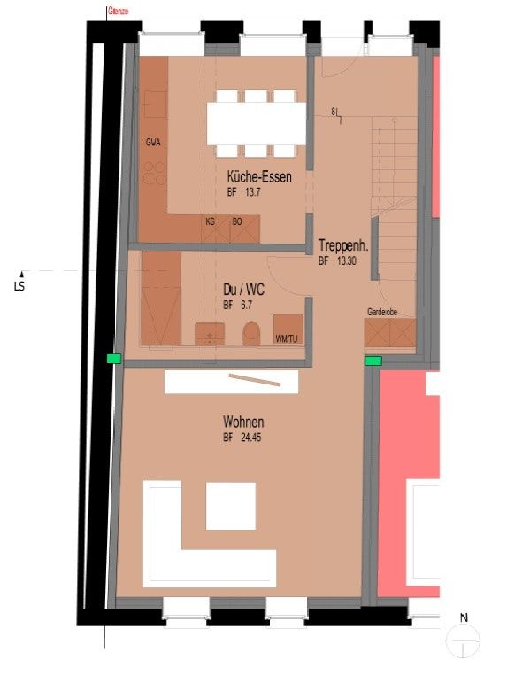 Neuwertiges 5-Zimmer-Mittel-Flarzhaus mit Gartensitzplatz - Grundriss EG 18a