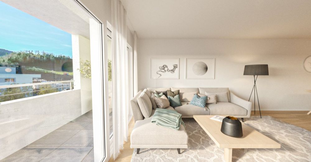 Zeitgemässes Wohnen: Neubauwohnung mit stilvollem Ambiente - Wohnzimmer