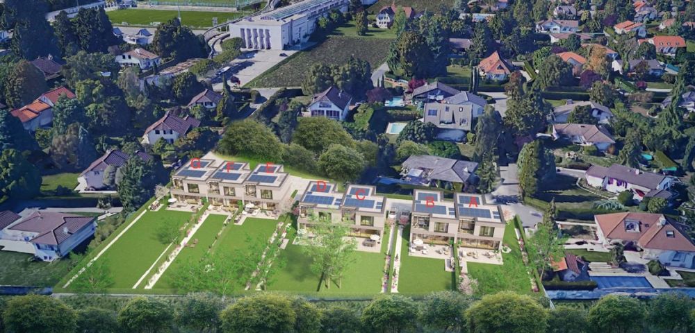 Terre Sainte, nouvelle promotion Minergie, villa jumelle contemporaine - Vue aérienne de la résidence