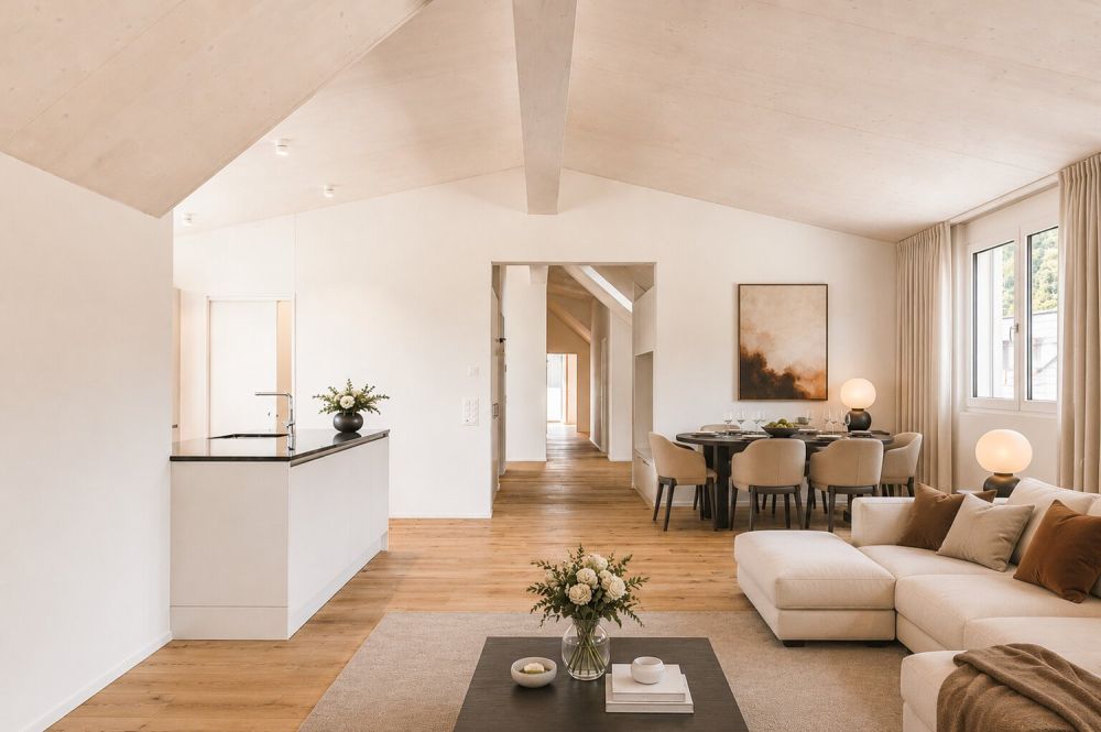 Grosszügige Neubau-Dachwohnung mit Weitblick und Natur - Wohn- und Essbereich | Variante möbeliert