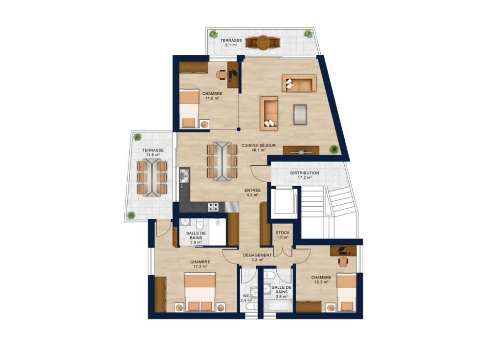 ERABLE 11  Nouvelle PPE de standing  1er étage 4,5 pces  108,8 m² + 2 balcons couverts 20,7 m² - Plans 2D