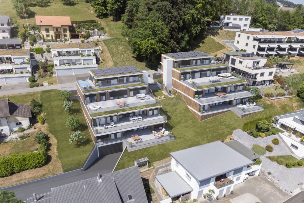 Weitblick Egerkingen - exklusives Wohnen mit Blick auf die Alpen! - Drohnen Ansicht / Terrasse