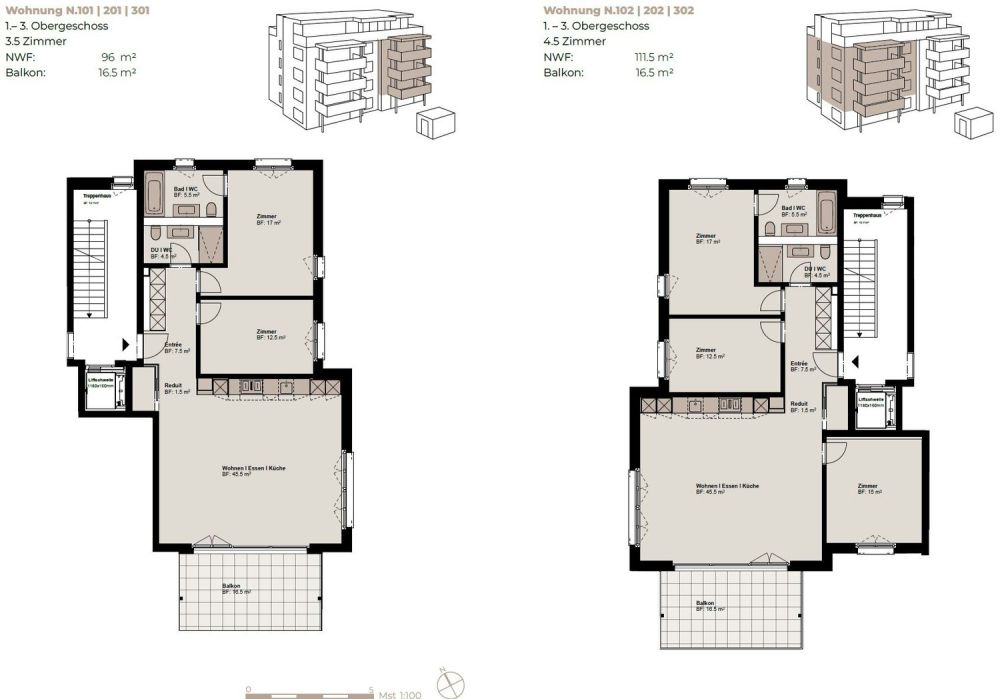 4.5-Zimmer-Attika mit unverbaubarer Fernsicht im Neubauprojekt "Unterhofen" - 4.5-Zimmer-Grundrissplan 1. und 2. OG