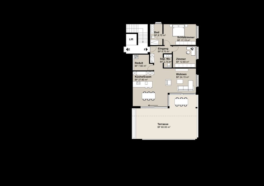 3.5 Z.-Attikawohnung F im Haus A, 107m2 Nettowohnfläche, 60m2 Terrasse - Grundriss